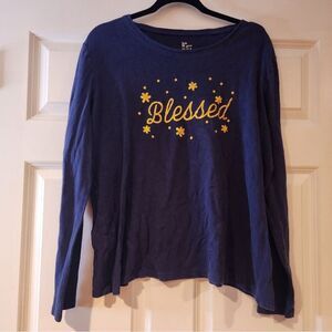 Kim Rogers blue and gold graphic long sleeve top